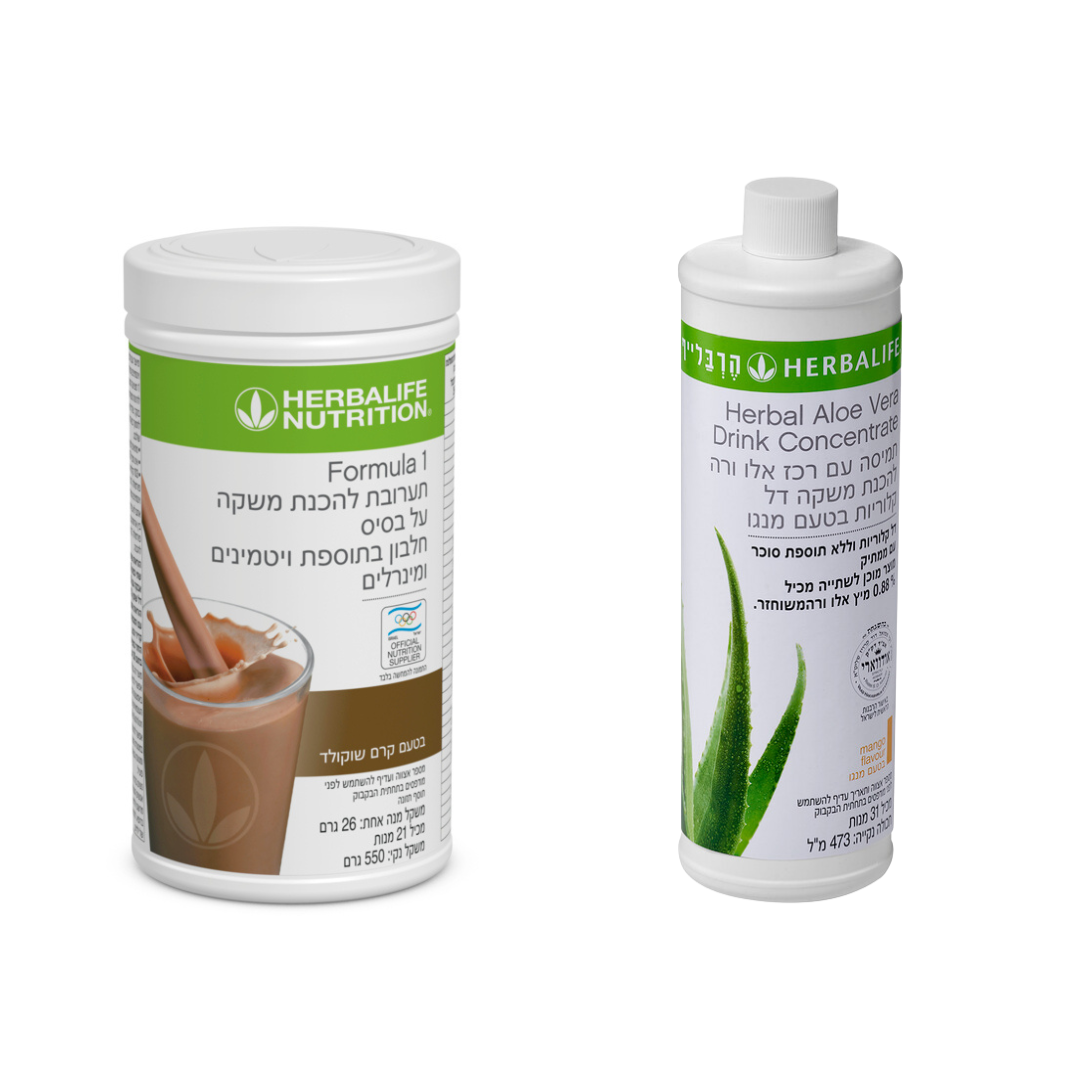 אבקה להכנת משקה פורמולה 1 במגוון טעמים + בקבוק תרכיז משקה אלוורה - שילוב מנצח לבריאות, מערכת עיכול אופטימלית והחלפת ארוחה נוחה בהישג יד