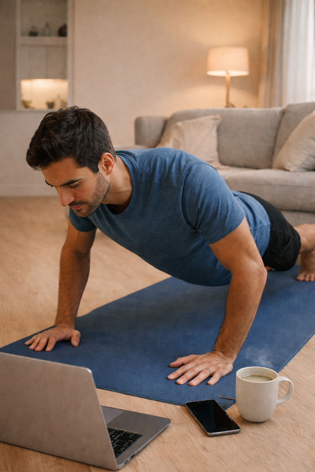 גבר צעיר מבצע שכיבות סמיכה בבית על מזרן אימון, לצד כוס משקה חם ומחשב נייד, באווירה חורפית המדגישה אימון קצר ואורח חיים בריא בעומס יומי