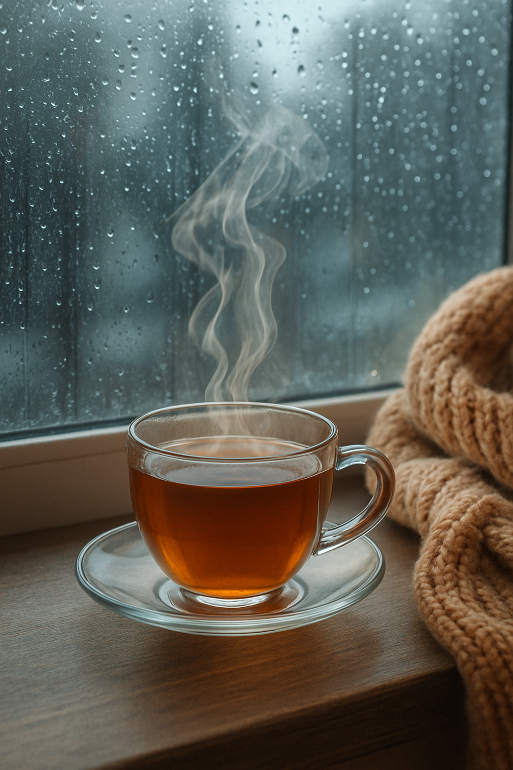 כוס תה חם על אדן חלון ביום גשום עם אדים ועיצוב חורפי נעים