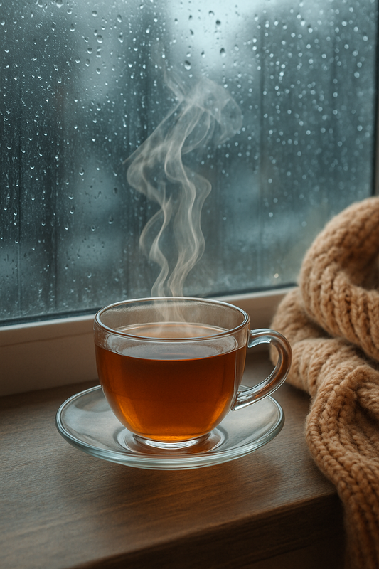 כוס תה חם על אדן חלון ביום גשום עם אדים ועיצוב חורפי נעים