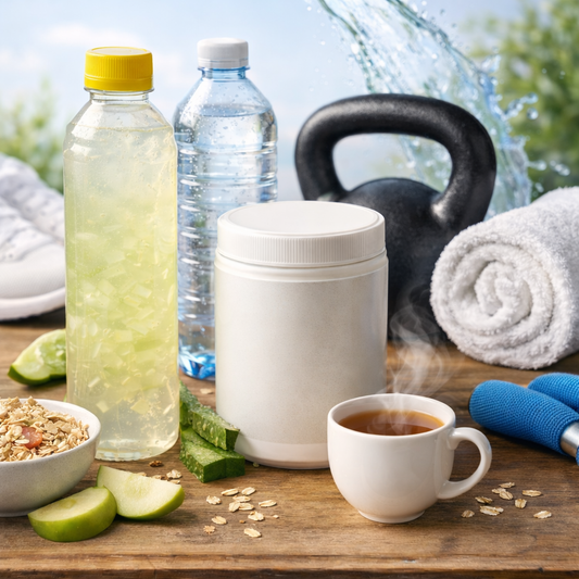 צילום ריאליסטי של משקאות בריאות על שולחן עץ מואר באור טבעי, כולל בקבוק משקה אלוורה בטעם מנגו, בקבוק מים עם טיפות עיבוי, כוס תה חם עם אדים, מכל אבקת סיבים משיבולת שועל, פרוסות תפוח ירוק, קערת שיבולת שועל ואלמנטים ספורטיביים ברקע.