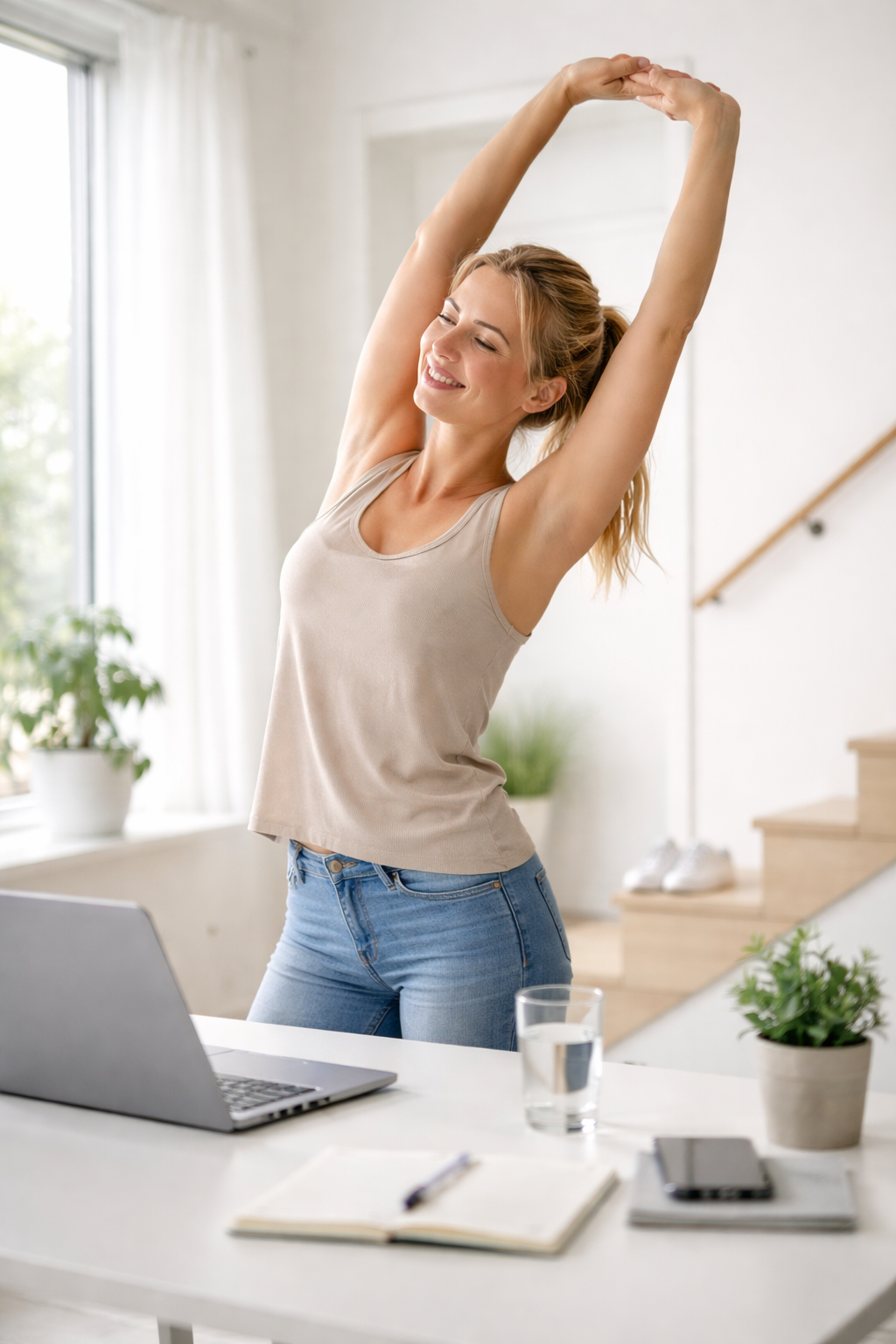 אישה מבצעת מתיחה קלה ליד שולחן עבודה מואר באור טבעי, עם מחשב נייד וכוס מים, מסמלת תנועה יומיומית לשיפור הבריאות והאנרגיה.