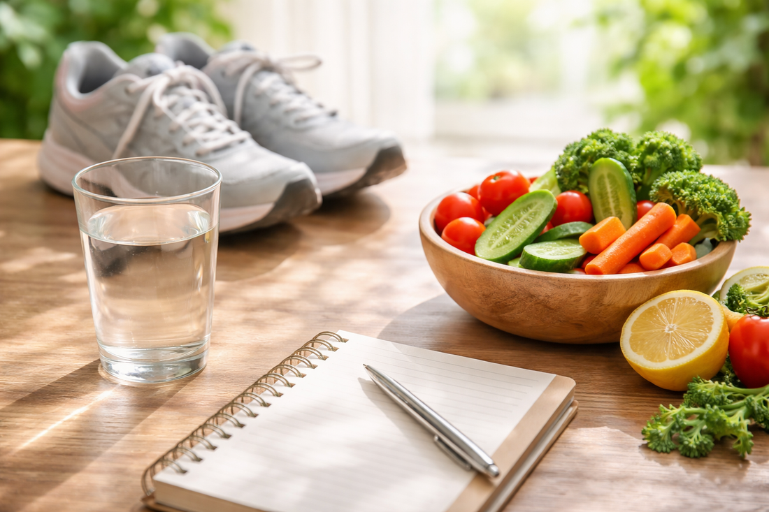 חפצים יומיומיים שמייצגים הרגלים קטנים ובריאים לשיפור הבריאות לאורך זמן.