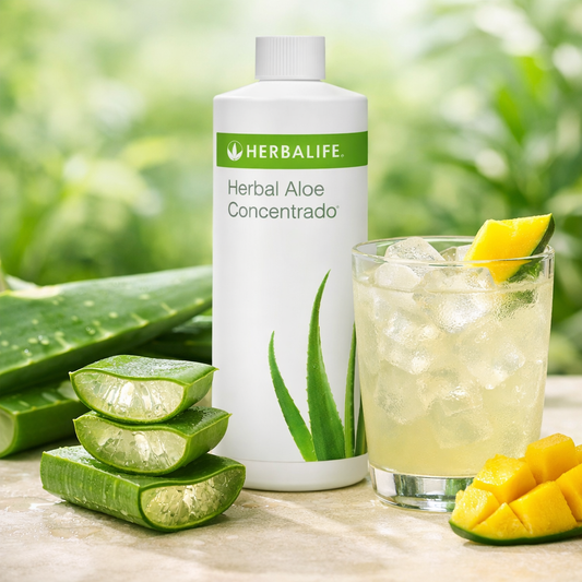 בקבוק משקה אלוורה בטעם מנגו ללא טקסט, לצד עלי אלוורה טריים וכוס משקה צונן על רקע טבעי ירוק