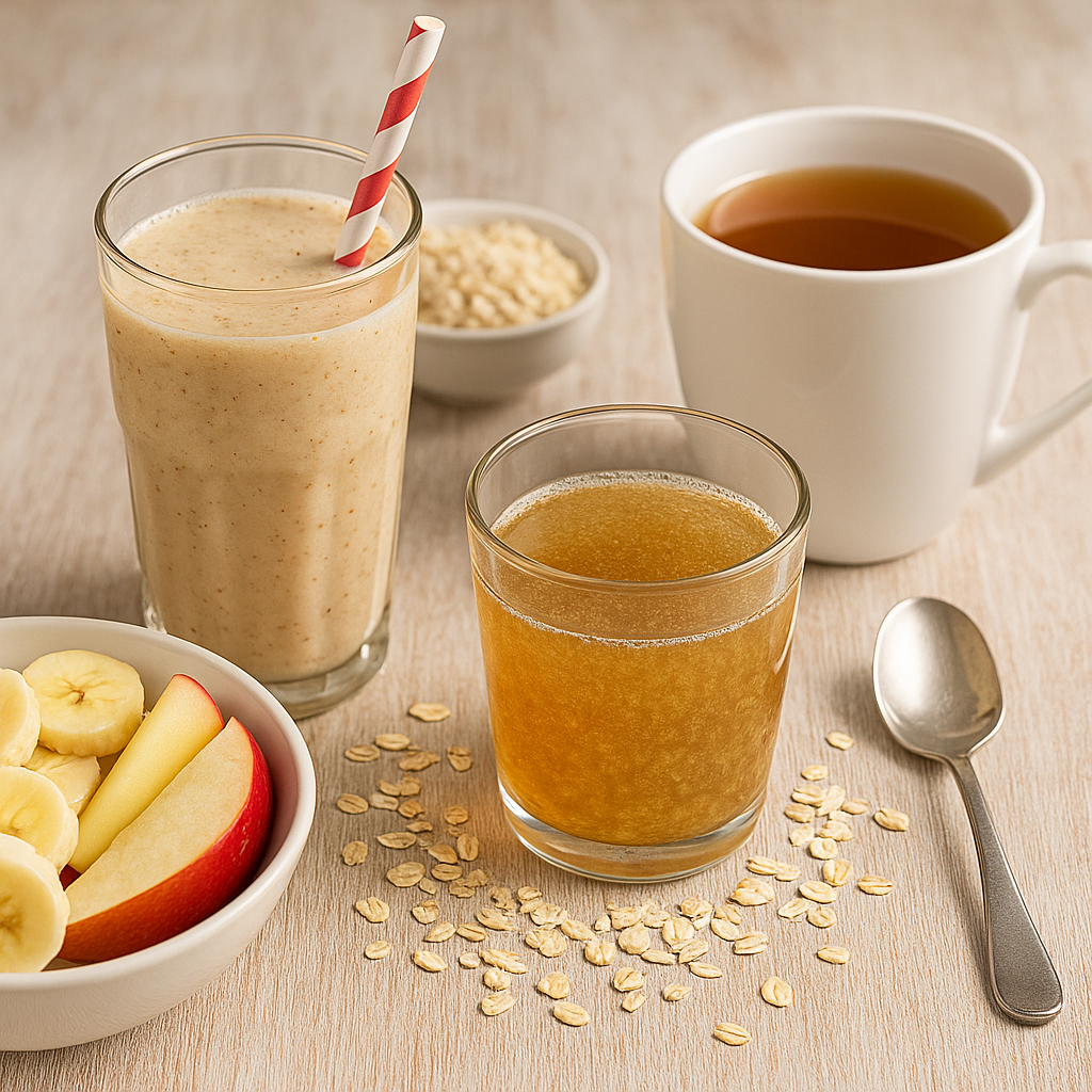 ארוחת בוקר בריאה הכוללת שייק שיבולת שועל, כוס תה חם, משקה טבעי קליל, פרוסות תפוח ובננה וקצת שיבולת שועל מפוזרת – על רקע עץ בהיר באווירה אנרגטית ונקייה