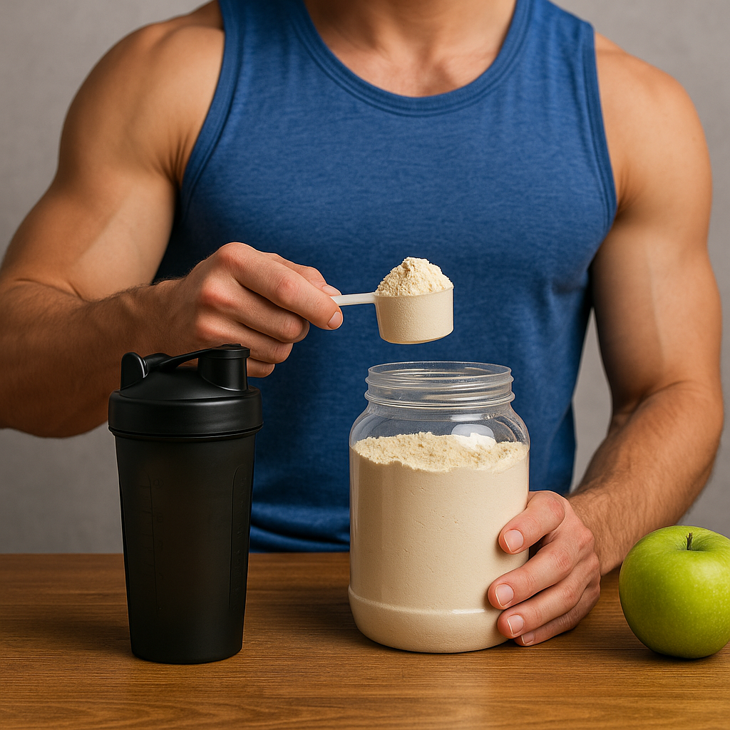 בחור עם חולצת ספורט כחולה מודד אבקת חלבון לתוך שייקר שחור, לצד תפוח ירוק על שולחן עץ — משדר תזונה נכונה ותמיכה בתהליך בניית שריר