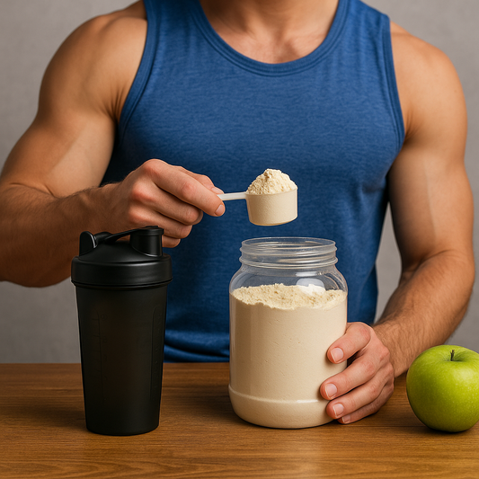 בחור עם חולצת ספורט כחולה מודד אבקת חלבון לתוך שייקר שחור, לצד תפוח ירוק על שולחן עץ — משדר תזונה נכונה ותמיכה בתהליך בניית שריר