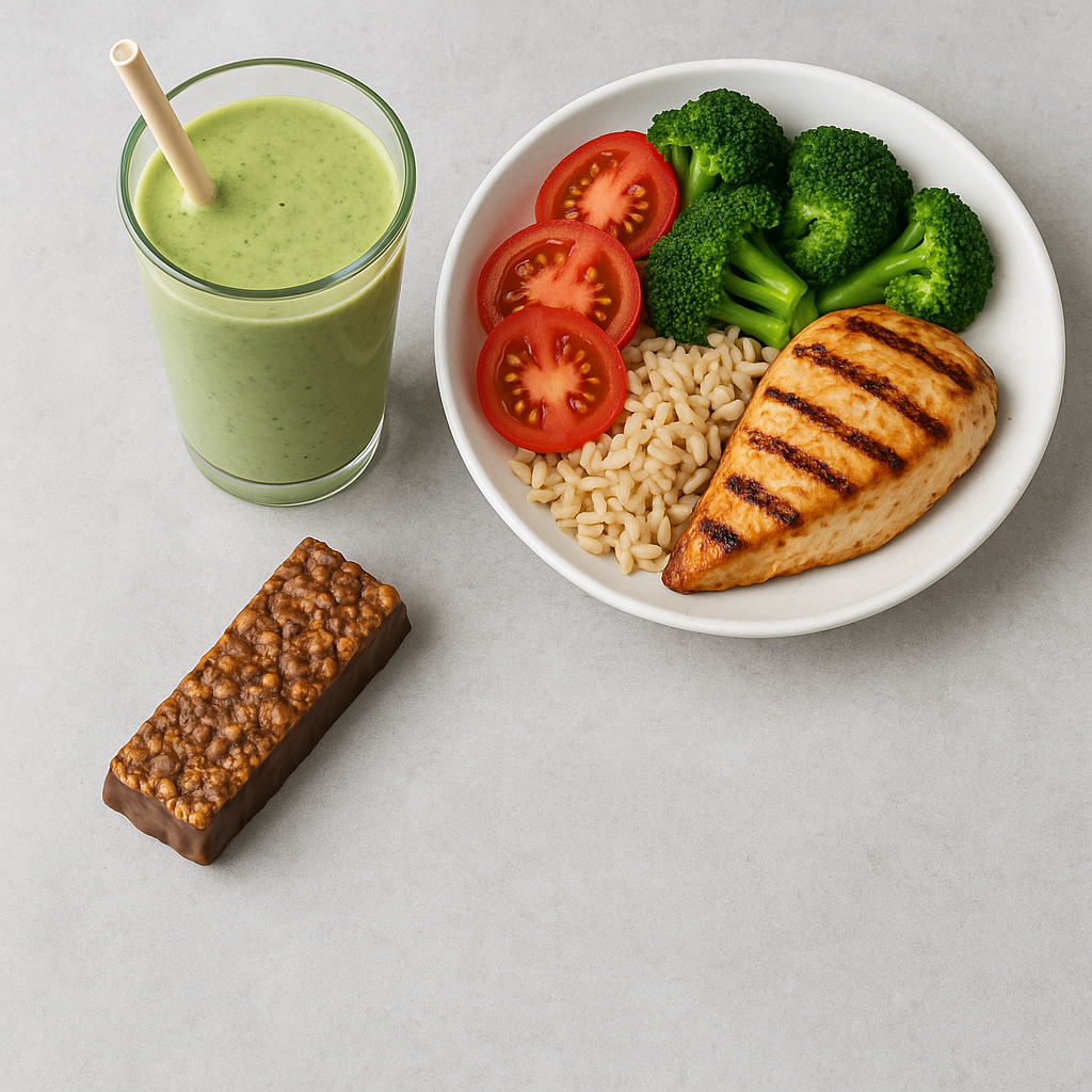 שייק ירוק, חטיף חלבון וקערת ארוחה מאוזנת עם עוף, אורז, עגבניות וברוקולי — על רקע בהיר, מסודרים בצורה אסתטית הממחישה תזונה בריאה ונוחה לאנשים עסוקים