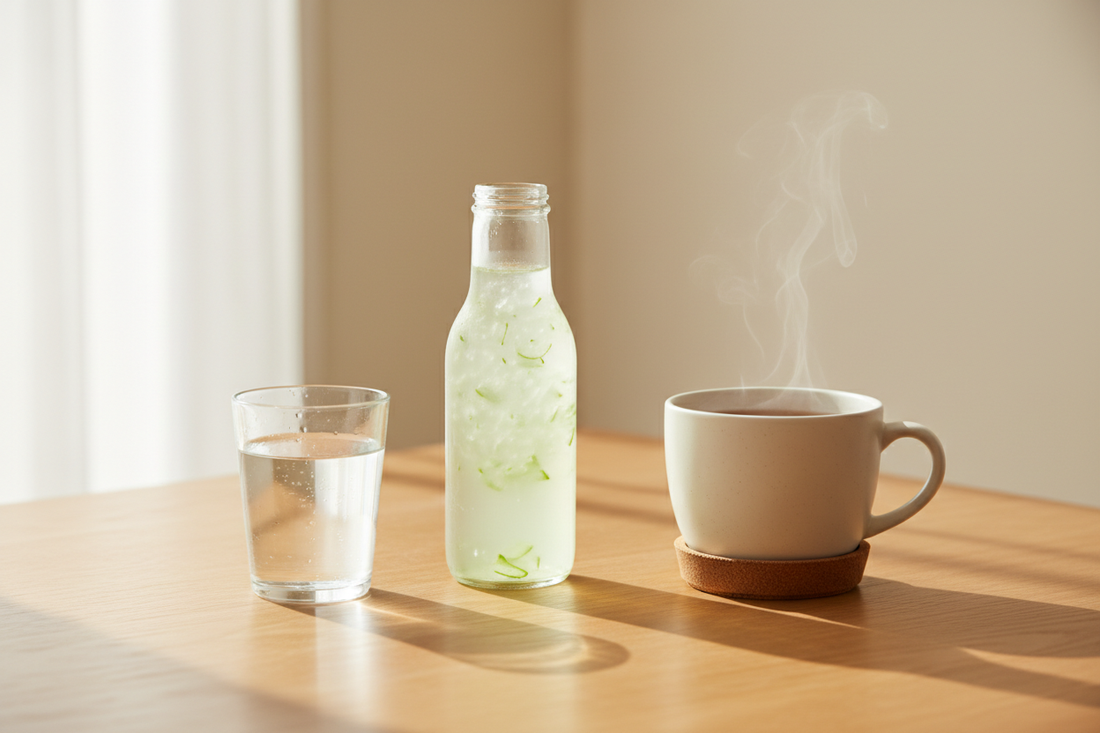 כוס מים, משקה אלוורה ומשקה חם המדגישים שתייה נכונה ובריאות יומיומית.