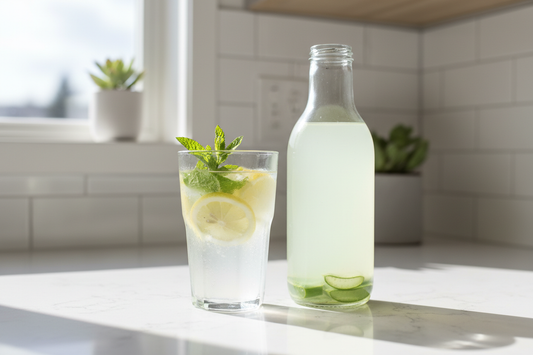 "כוס מים עם לימון ונענע לצד משקה אלוורה על משטח מטבח מואר, המדגישה שתייה נכונה, רעננות ובריאות יומיומית."