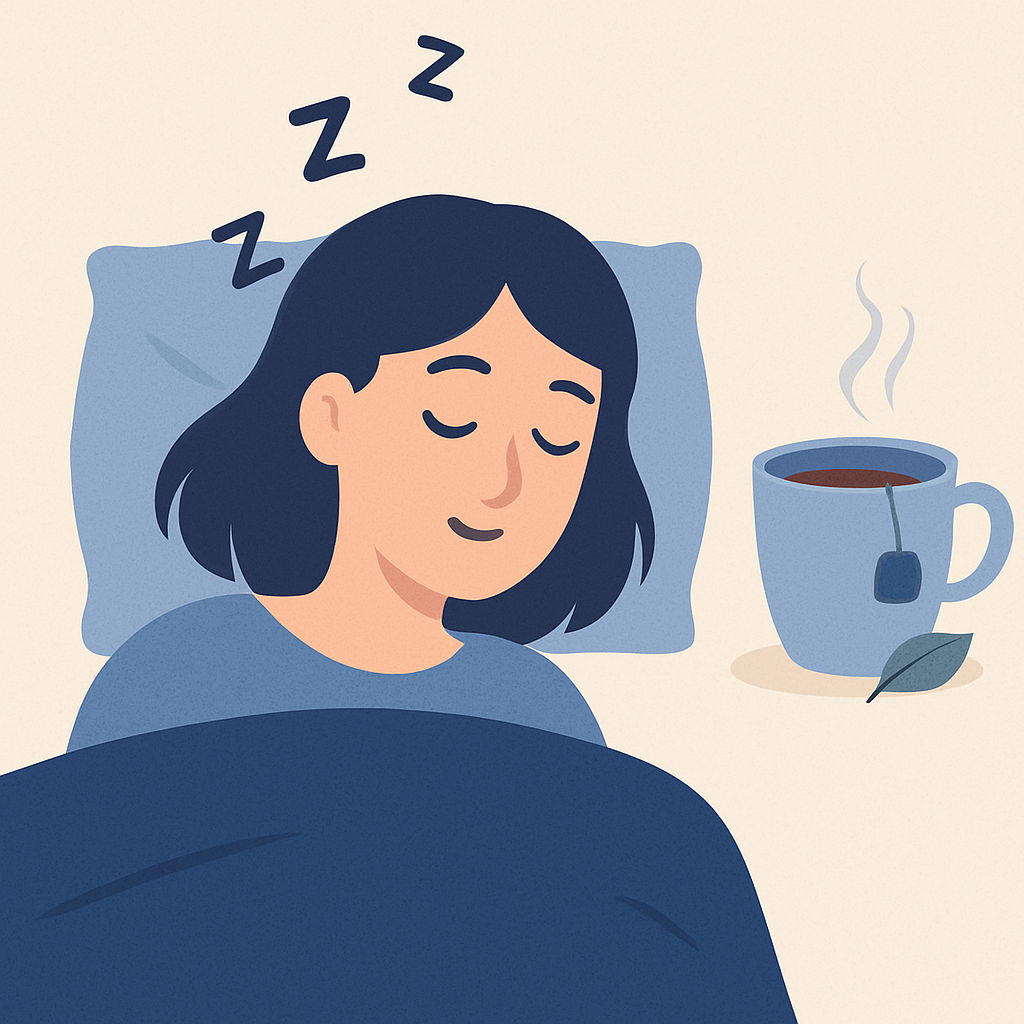 איור של אישה צעירה ישנה בשלווה במיטה כחולה, כשכוס תה חמה מונחת לידה על שידה – מדגיש הרגעה, שינה איכותית והרגלי לילה בריאים