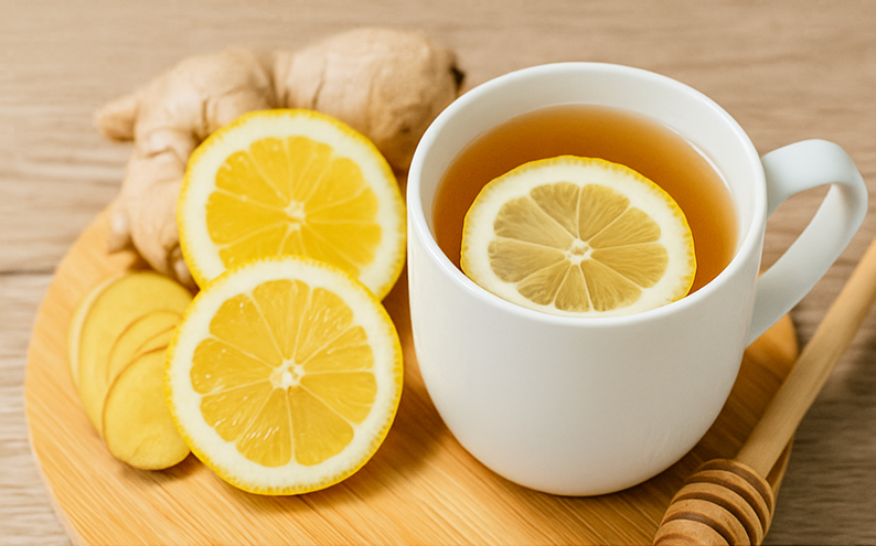 תמונה של כוס תה חם עם פרוסות לימון וג’ינג’ר על מגש עץ, המשדרת אווירת חורף ותזונה מחממת ובריאה.