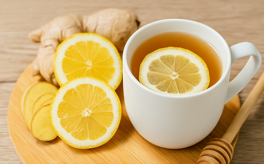 תמונה של כוס תה חם עם פרוסות לימון וג’ינג’ר על מגש עץ, המשדרת אווירת חורף ותזונה מחממת ובריאה.