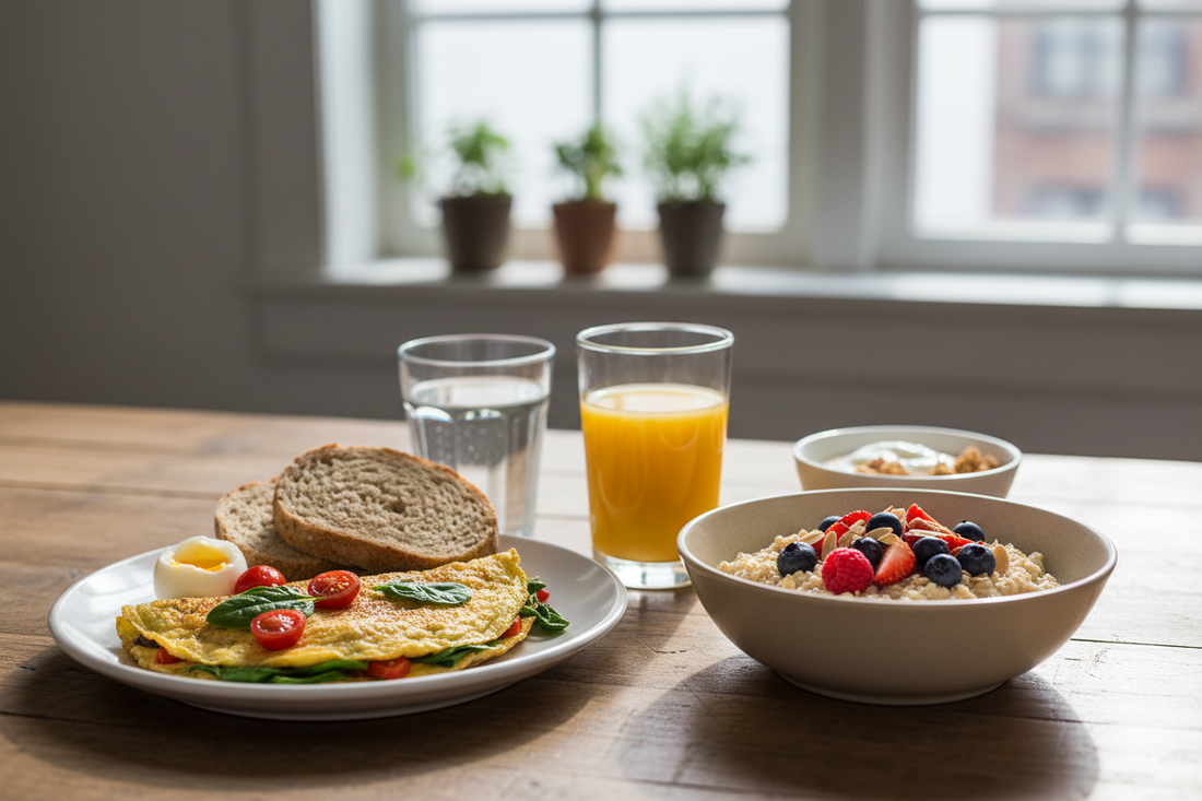 ארוחת בוקר בריאה ומאוזנת הכוללת חביתה עם ירקות, ביצה קשה, לחם מלא, שיבולת שועל עם פירות ואגוזים, יוגורט עם גרנולה, כוס מים וכוס מיץ תפוזים סחוט באור בוקר טבעי.